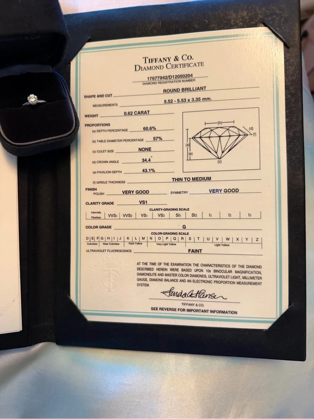 Tiffany & Co. 0.62 ct Round Brilliant Diamond Engagement Ring VS1 G Certified